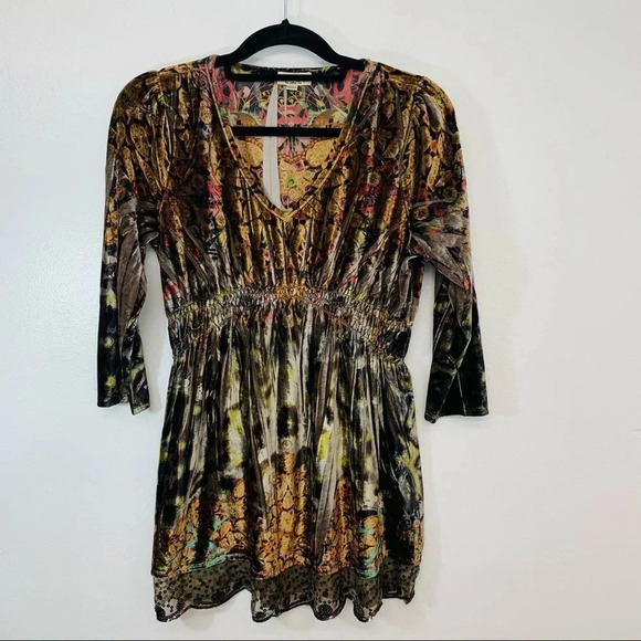 One World Velour Peasant‎ Top Tunic Woman  Medium Printed Lace Sequins Boho - Picture 1 of 12